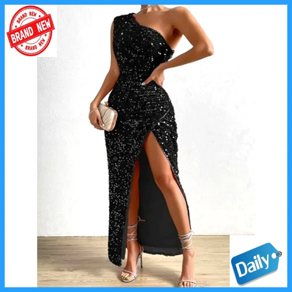 Sequin One Shoulder Bodycon Maxi Dress Elegant Formal Evening Party Gown - Picture 2 of 6